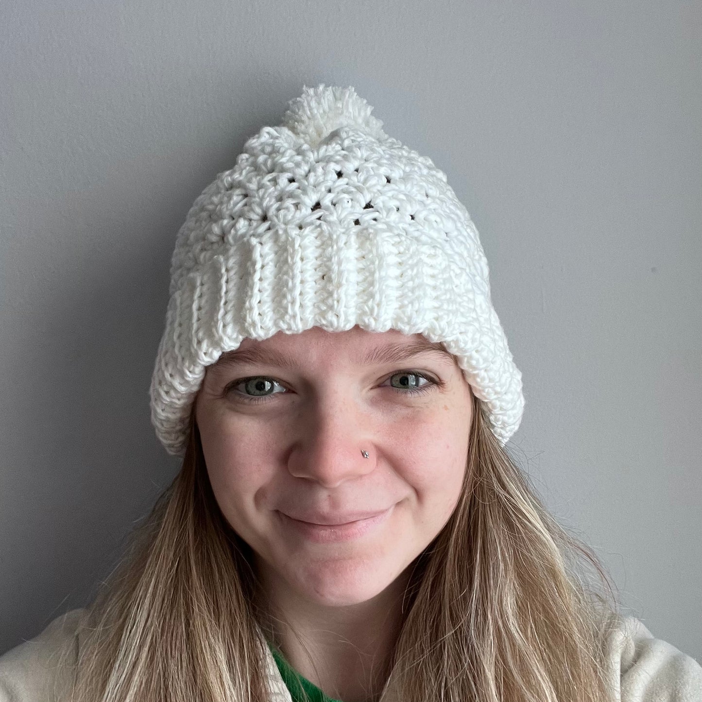 Crocheted white beanie