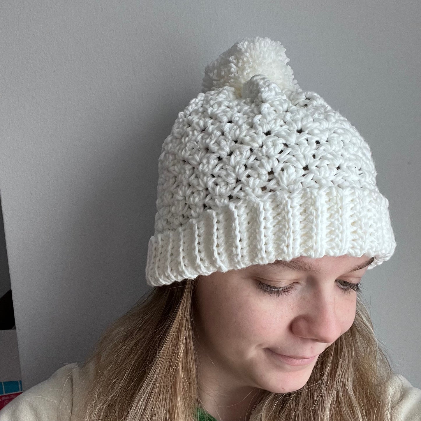 Crocheted white beanie