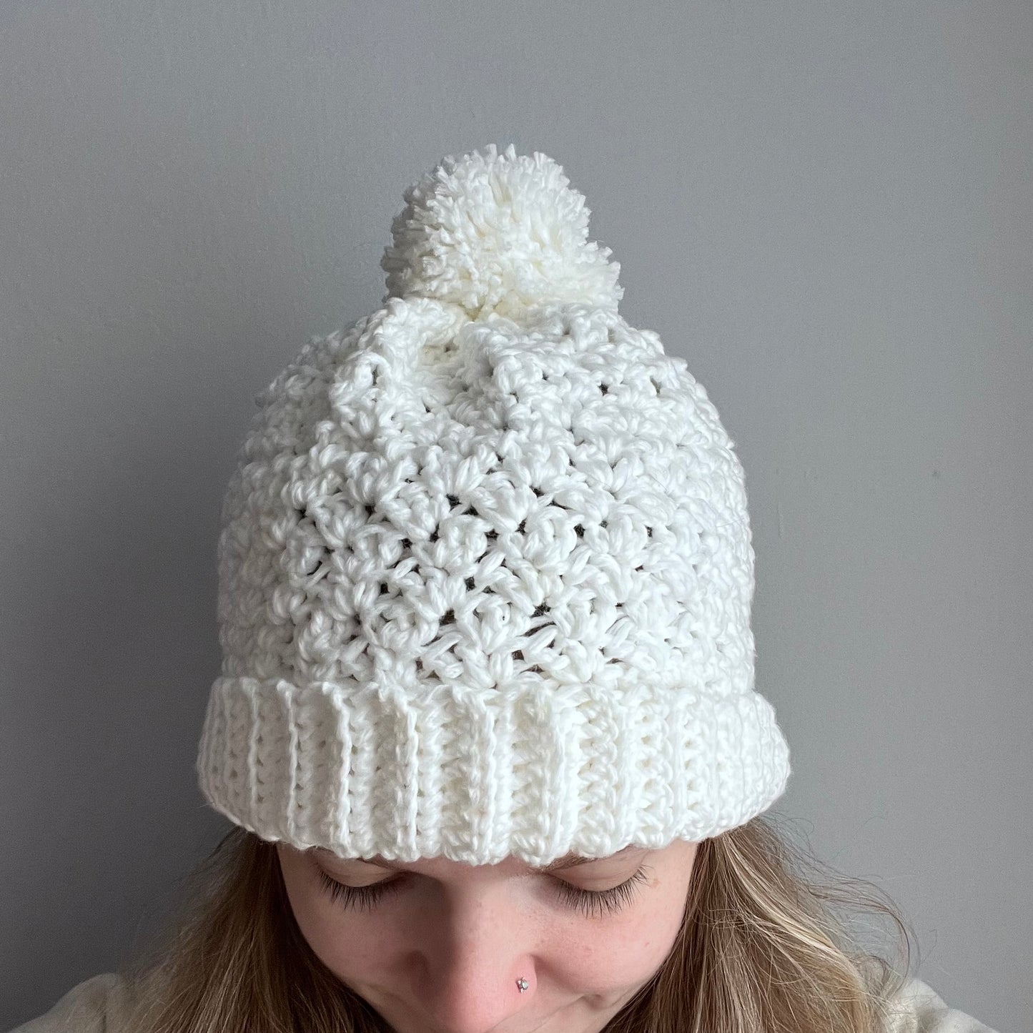 Crocheted white beanie